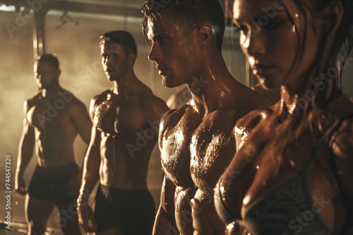 high resolution image of a mixed group of male and female athletes showing off their well defined abdominal muscles under the bright lighting of a gym setting symbolizing dedication and fitness photo