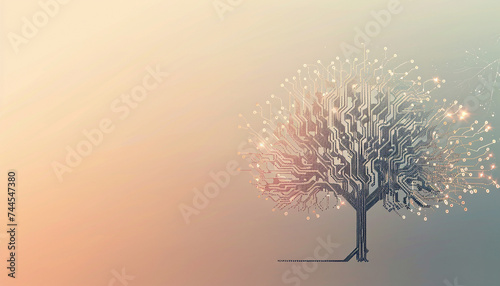 simple yet elegant background with a stylized tree icon where the leaves and branches are depicted as circuit board lines and nodes set against a soft pastel colored backdrop to emphasize © JR-50