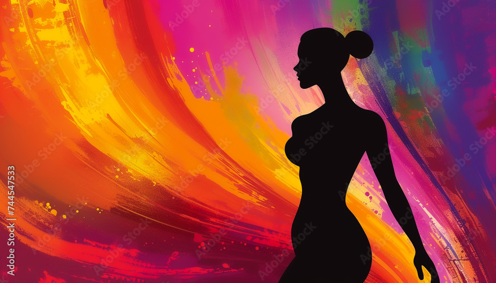 vibrant illustration of a womans silhouette with emphasis on abdominal muscles set against an abstract colorful background including creative copy space at the bottom for health and wellness vibrant illustration of a womans silhouette with emphasis on abdominal muscles set against an abstract colorful background including creative copy space at the bottom for health and wellness