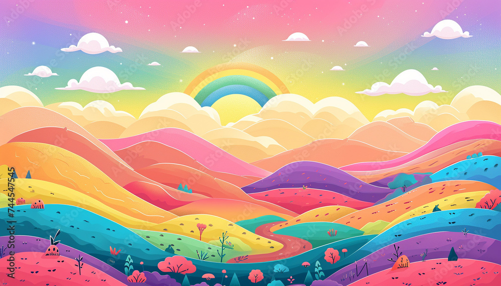 Whimsical illustration of a fantasy landscape where each hill and valley is colored after the different LGBTQ pride flags under a rainbow sky
