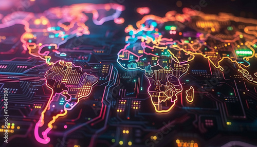 stylized illustration of the world map made up of digital circuits and glowing neon lines representing countries and oceans as interconnected networks of information flow #744547500