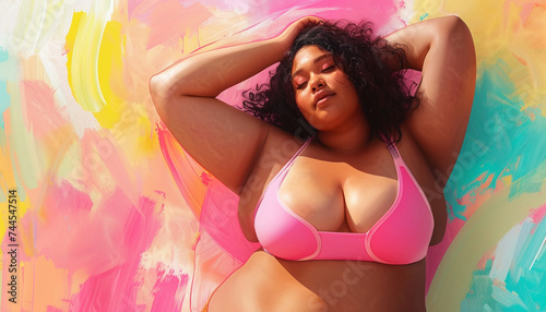 vibrant illustration of a plus size woman confidently posing in beautiful underwear with an abstract colorful studio background celebrating body positivity and self acceptance photo