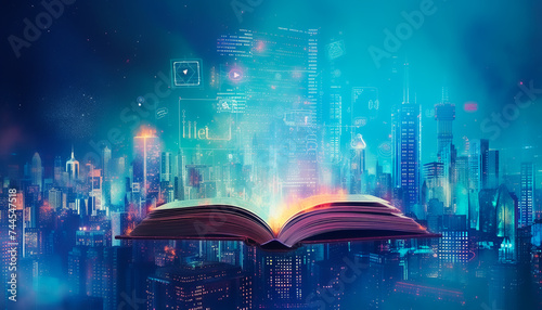 Wallpaper Mural vibrant illustration of a digital book with science fiction elements including holographic text and interactive 3D models floating above the screen set against a backdrop of a futuristic cityscape Torontodigital.ca