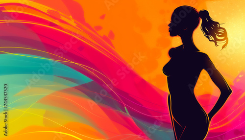 vibrant illustration of a womans silhouette with emphasis on abdominal muscles set against an abstract colorful background including creative copy space at the bottom for health and wellness