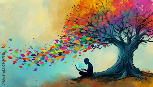whimsical illustration of a person sitting under a tree with colorful ideas in the form of leaves flowing from their mind into a river of creativity symbolizing the nurturing of inspiration