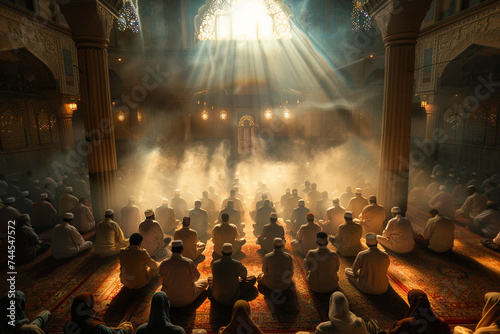 wide angle shot of a mosque at evening prayer time the faithful gathered in unity with light beams and smoke creating a mystical ambiance emphasizing the communal spirit of worship photo