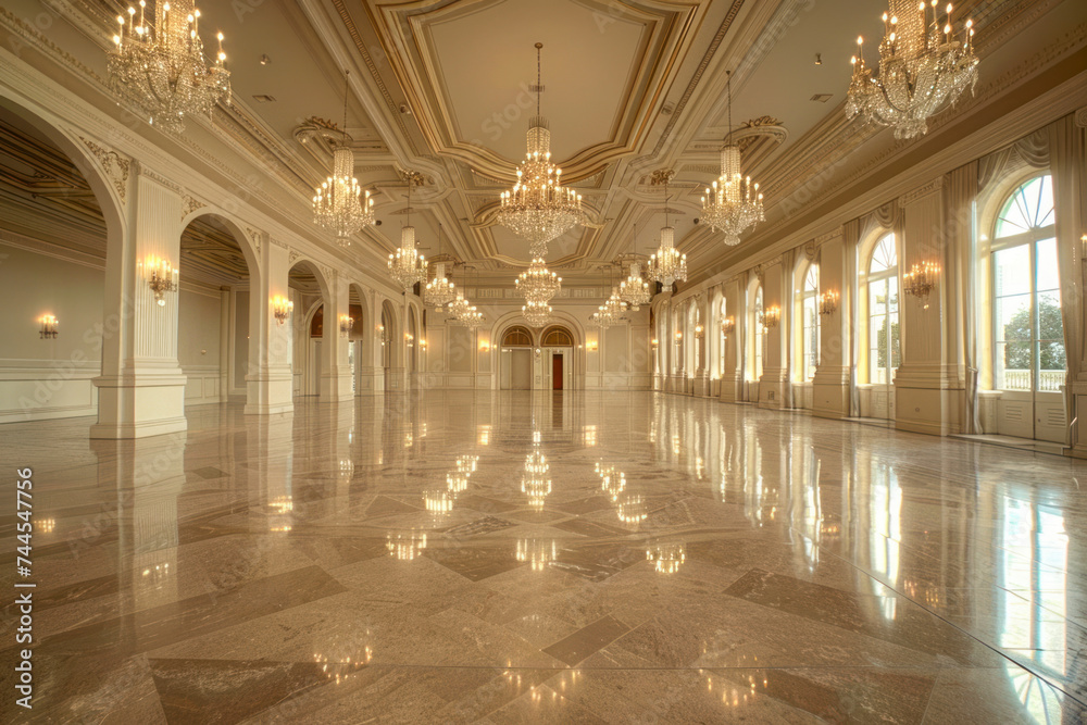 Dramatic Gothic ballroom with soaring ceilings, crystal chandeliers, and a polished marble floor.