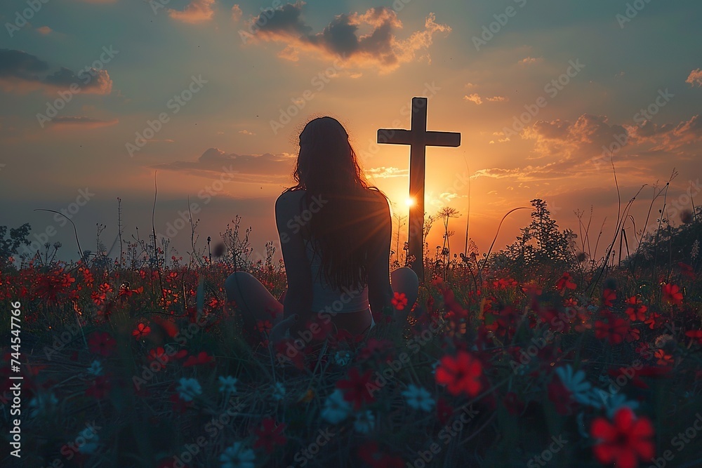 Silhouette of a woman sitting on the grass praying in front of a cross at sunset - obrazy, fototapety, plakaty 