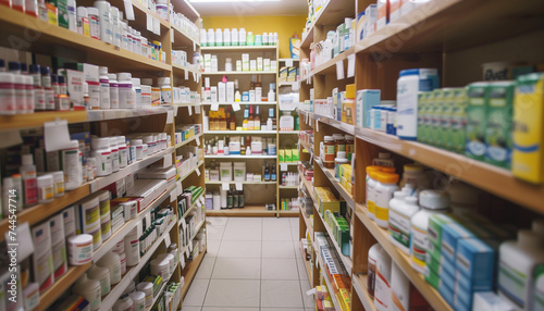 Photo of a pharmacy with shelves, medicines
