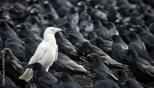 White crow in a flock of black crows, photo photo
