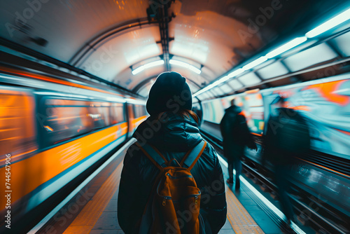 Still girl in the underground metro station surrounded by moving trains and people