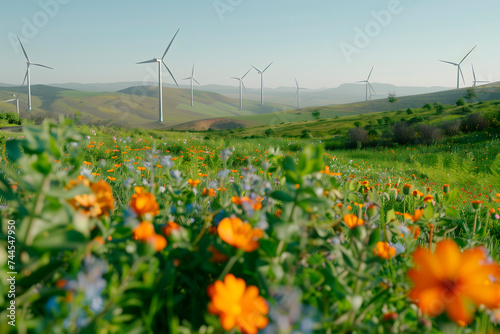 Meadow full of flowers with windmills in the background