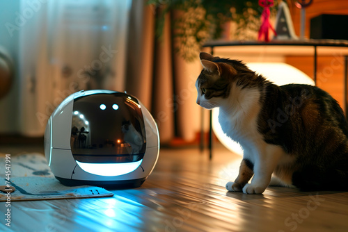 Cat looking at home assistant robot in an interior space