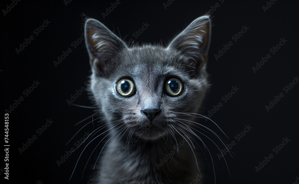 Nice british cat is isolated on a black background.