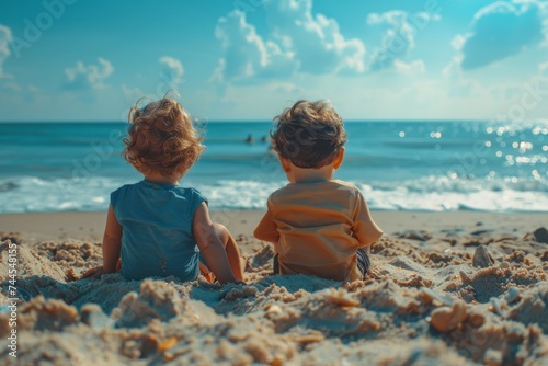 Two Children Sitting on the Beach