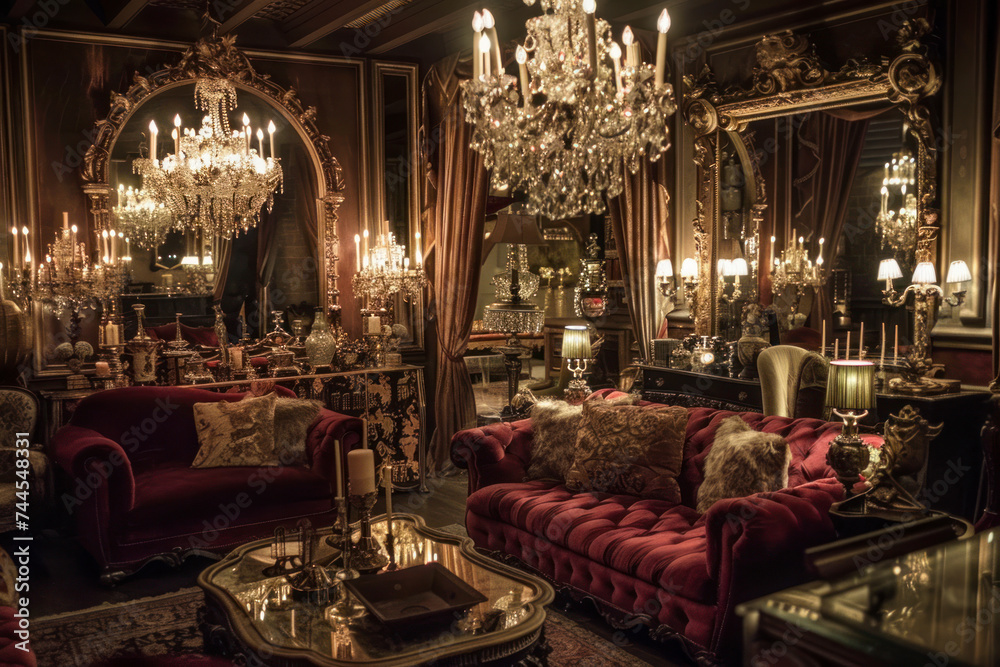 Elegant Gothic drawing room with plush sofas, gilded mirrors.