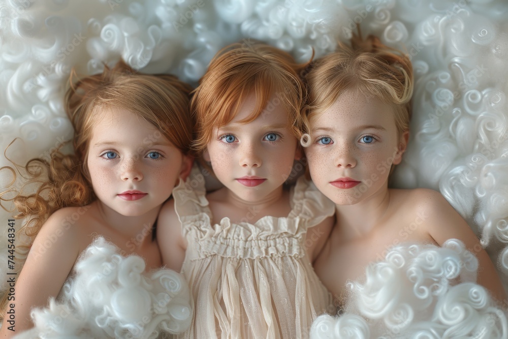 Three Young Girls Laying in a Cloud of Clouds