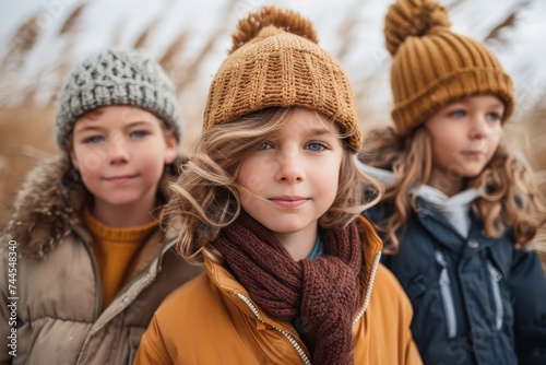 Three Young Children Wearing Winter Hats and Scarves