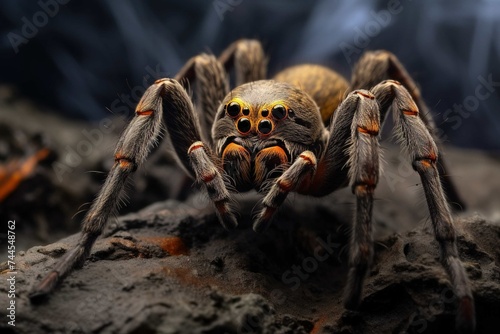 A detailed macro shot of a golden-eyed wolf spider on a stone surface