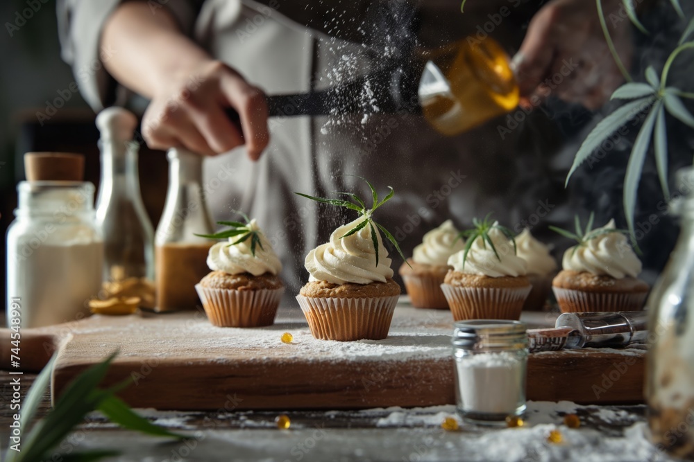process of baking CBD cupcake with ingredients, chef pours flour on the table 