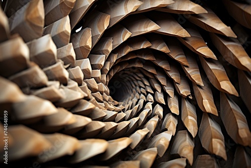 Abstract image of pine cone scales, mimicking a spiral staircase