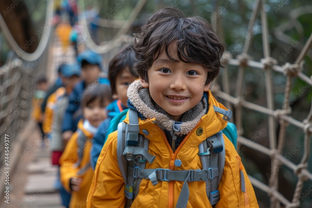 Group of Children Walking Across a Suspension Bridge Group of Children Walking Across a Suspension Bridge