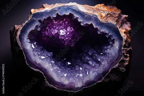 Amethyst geode half opened  revealing deep purple crystals