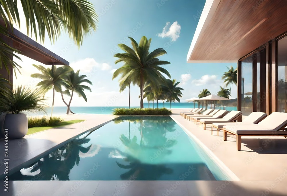 Luxurious beachfront resort swimming pool with tropical landscape. AI generated