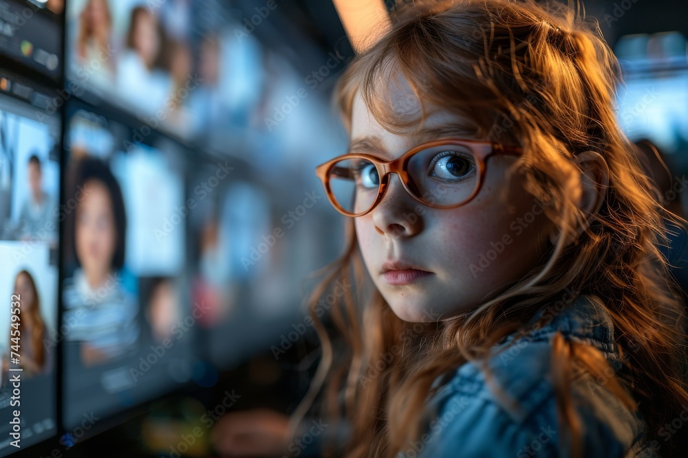 Little Girl Wearing Glasses Watching Television Screen Little Girl Wearing Glasses Watching Television Screen