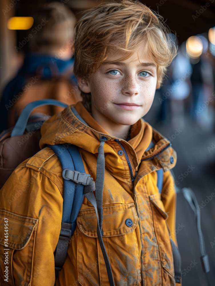 Young Boy Wearing Yellow Jacket and Blue Backpack Young Boy Wearing Yellow Jacket and Blue Backpack