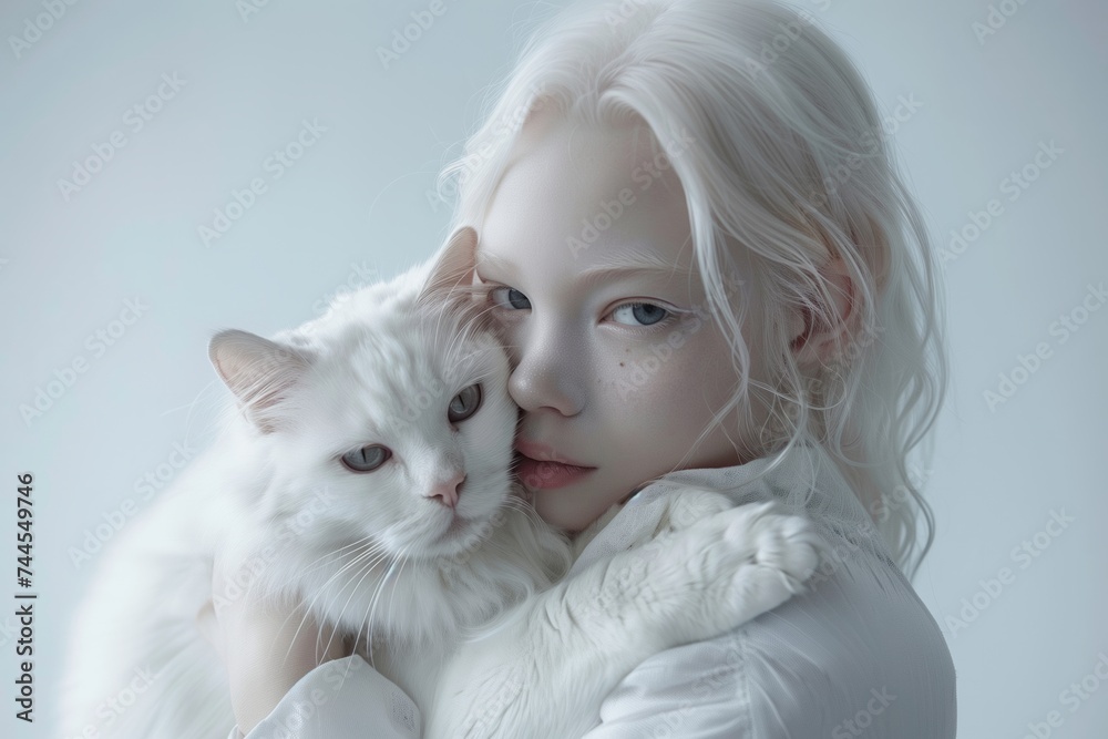 Albino teenage girl holding a white cat in her arms and looking at camera, light solid background, copy space. Albinism Awareness day. Albino teenage girl holding a white cat in her arms and looking at camera, light solid background, copy space. Albinism Awareness day.