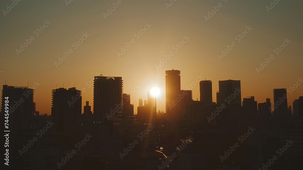 A city skyline silhouette during the golden hour.