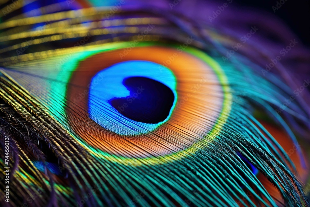 Naklejka premium Close-up of a peacock feather focusing on its eye, with blurred background