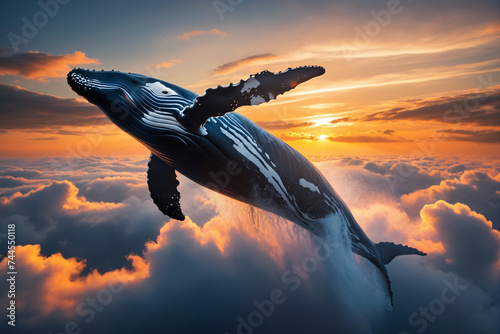 Abstract humpback whale swimming in the clouds  sunset light