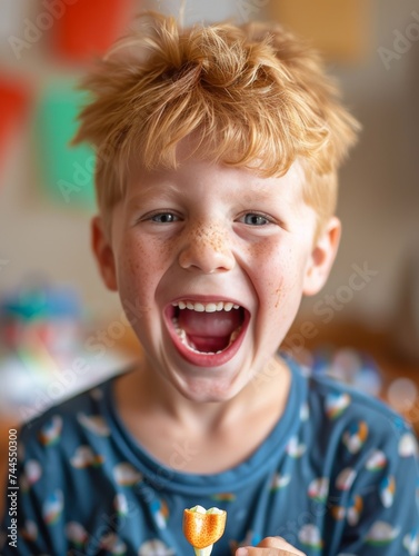 Young Boy With Messy Blond Hair Eating a Piece of Food