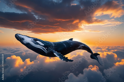 Abstract humpback whale swimming in the clouds, sunset light