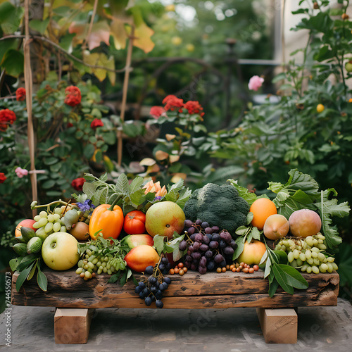 A rustic wooden podium set against a natural backdrop  showcasing fresh fruits and vegetables  embodying the essence of farm-to-table living