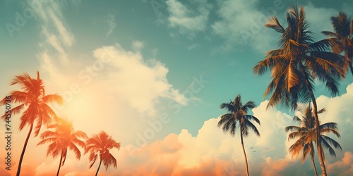 Retro-style artistic composition featuring vibrant palm trees in nature. Concept Artistic Composition, Retro Style, Vibrant Palm Trees, Nature Environment