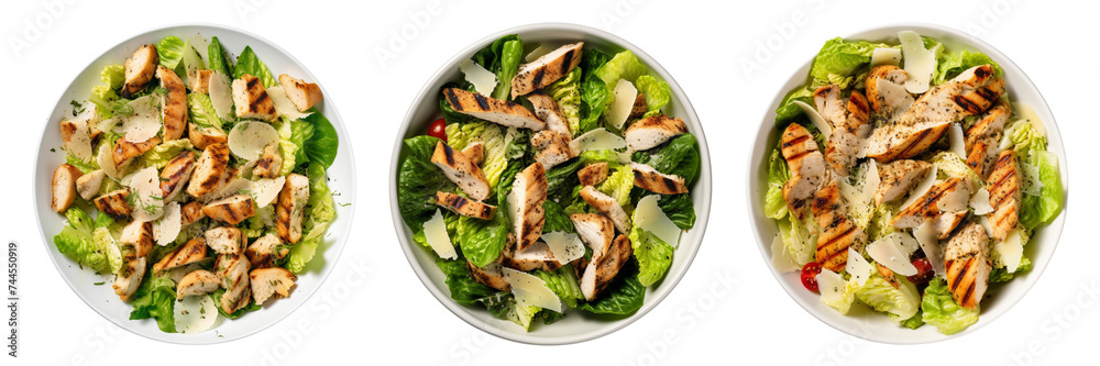 Set of grilled chicken Caesar salad isolated on a transparent background.