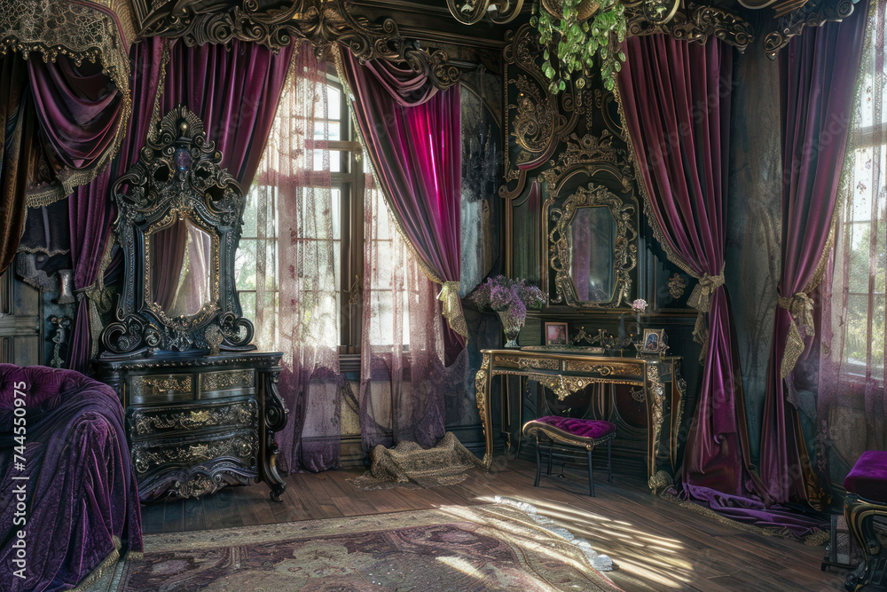 Enchanting Gothic boudoir adorned with velvet drapes, ornate mirrors, and delicate lace.