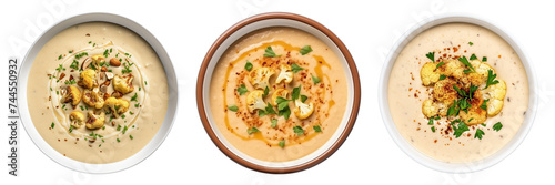 Set of roasted cauliflower Soup isolated on a transparent background.