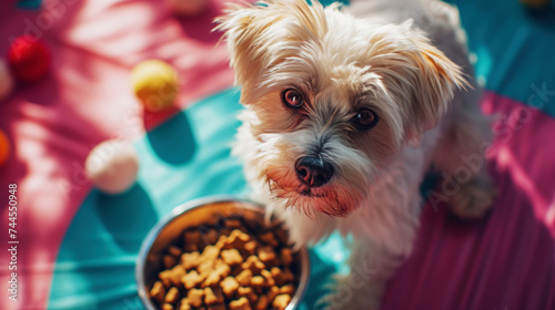 Little cute dog maltipoo feeds from a bowl. Direct look of the dog. Light blue and pink color palette. Generative AI