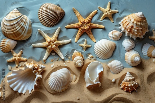 beautiful starfish and seashells on sand beach