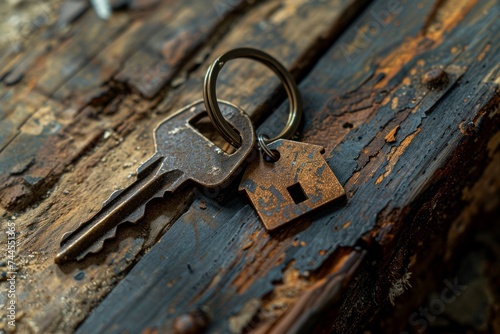 A key with a house shaped keyring on a rustic wooden surface. © ParinApril