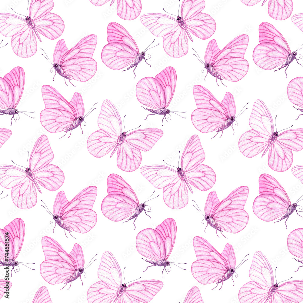 Watercolour Butterflies with pink wings illustration seamless pattern. On white background. Hand-painted elements insect. Hand drawn delicate insects. For decoration, postcard, fabric, wrapping paper