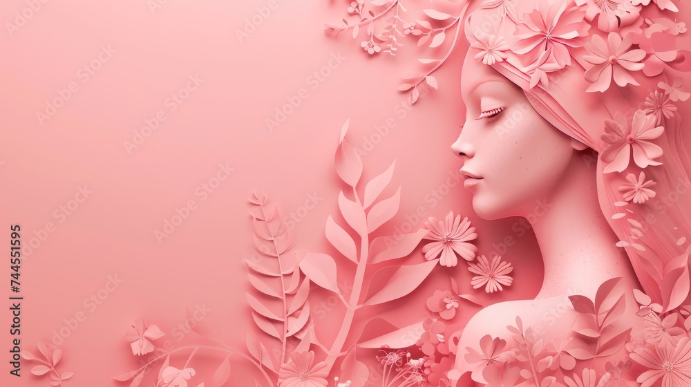 Stylized Paper Cut Art of Woman with Floral Decor for Breast Cancer Awareness