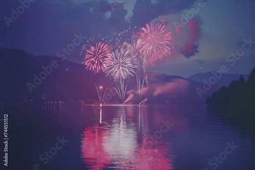 many colorful fireworks lit over a lake in the style 