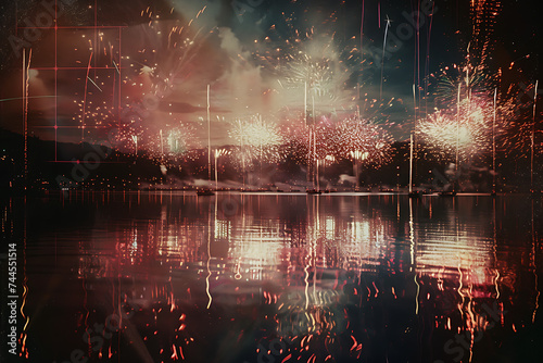 many colorful fireworks lit over a lake in the style 