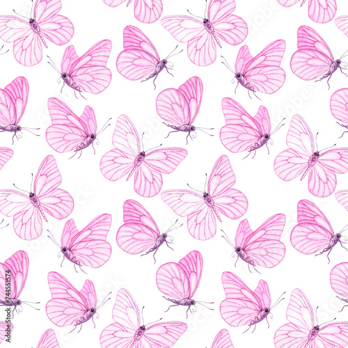 Watercolour Butterflies with pink wings illustration seamless pattern. On white background. Hand-painted elements insect. Hand drawn delicate insects. For decoration  postcard  fabric  wrapping paper