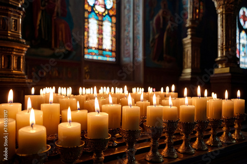 Close up of praying wax candles in orthodox church for ceremony easter. Burning candles easter burn in orthodox temples. Concept of church backgrounds. Copy ad text space. Gen Ai illustration